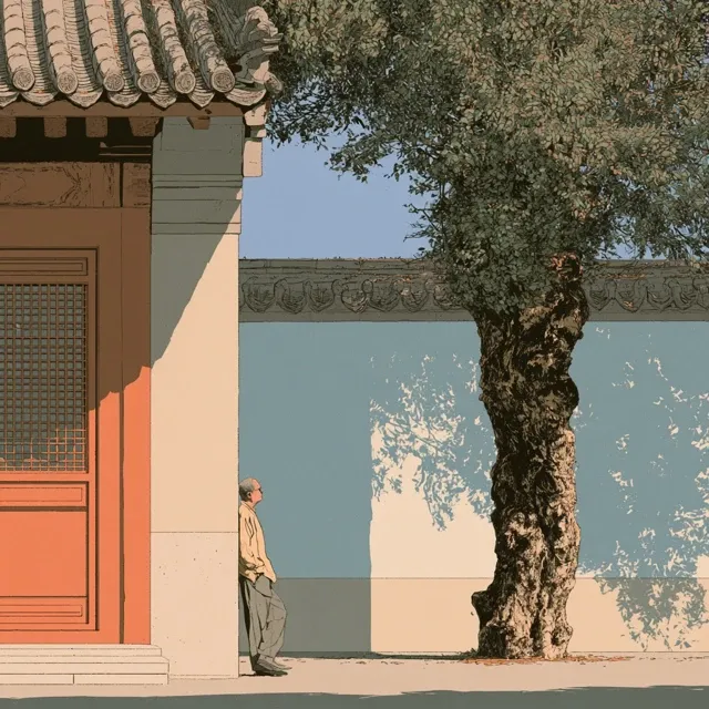 Minimalist hand-drawn style, beside an ancient tree against the courtyard wall of a traditional Chinese ancient temple, a middle-aged man leans lazily against the wall basking in the sun, soft muted tones, simple line art, sparse composition, tranquil quiet atmosphere, flat coloring, no complex details