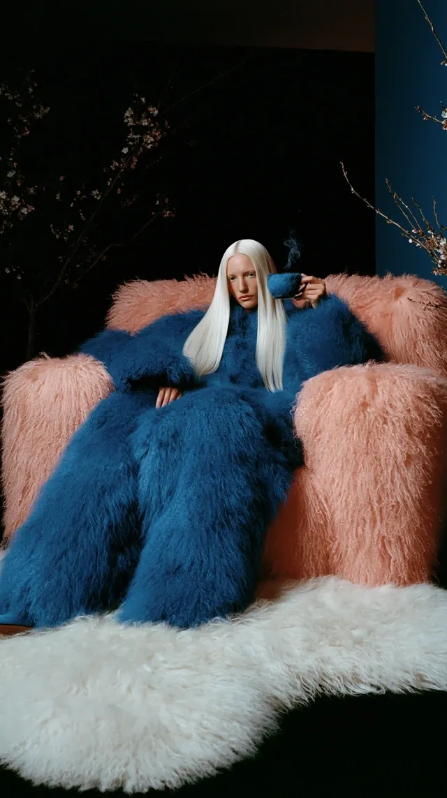 Surreal high fashion editorial, minimalist home interior at night. Wide cinematic composition showing entire sculptural armchair and most of the floor rug. Same androgynous pale model with extremely long straight platinum white hair sits deeply in an oversized armchair made entirely from dense, luxurious pastel pink shaggy fur. She wears the same enormous cobalt blue fur coat. Legs and feet completely concealed beneath the coat and armchair structure - no feet, toes, or bare legs visible. Beneath the chair, a large organic shaped rug of soft long ivory white shaggy fur, clearly separated from the pink chair. She calmly drinks dark coffee from a cobalt blue furry cup with visible handle and delicate rising steam. Deep black and midnight blue interior, pale blossom branches, subtle peach lighting, dramatic directional flash, tactile contrasting fur textures, medium format analog photography, rich film grain, photorealistic, highly detailed, balanced editorial composition, no text, no logo.