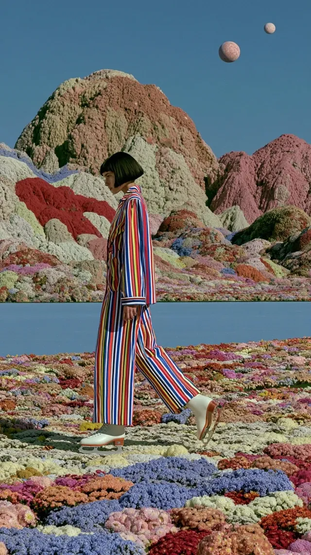 One photo. epic cinematic scene for the oddesy chris sloan the oddesy scene. woman wearing striped high fashion. Figureskating on a flat frozen lake. Mountain flower background scenery . 2 Planet in the sky. Mountains are pastel colours .