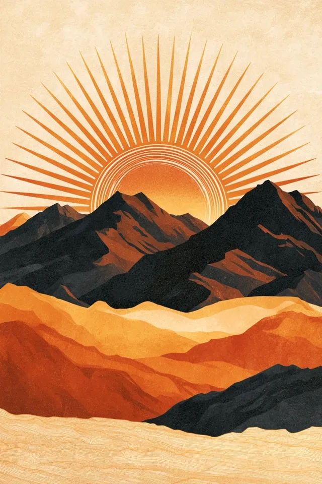 Retro 1970s abstract mountain landscape poster, one perfectly symmetrical concentric semicircle sunburst centered at top, evenly spaced radial sun rays of equal length, layered mountain silhouettes in clean flat color blocks with sharp tonal separation between each layer, high contrast between deep charcoal peaks and burnt orange lower ridges, warm earth palette of rust, ochre, mustard, cream and charcoal, subtle textured foreground with faint layered ridge lines, grainy screen-printed gold-leaf texture, bold graphic mid-century boho wall art, matte finish