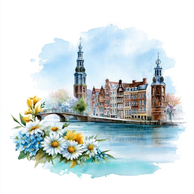 a bright and airy watercolor illustration presenting a skyline view of amsterdam. featuring exactly one Westerkerk, exactly one Magere Brug bridge, exactly one Montelbaanstoren and exactly one traditional canal house cluster, each landmark appearing only once in the composition, no duplicate landmarks, no repeated monuments, no mirrored structures, no duplicated towers, no cloned architecture, every landmark appears exactly once. luminous watercolor washes in pale sky blue and soft turquoise tones create an elegant handcrafted travel poster with abundant white space and delicate watercolor blooms