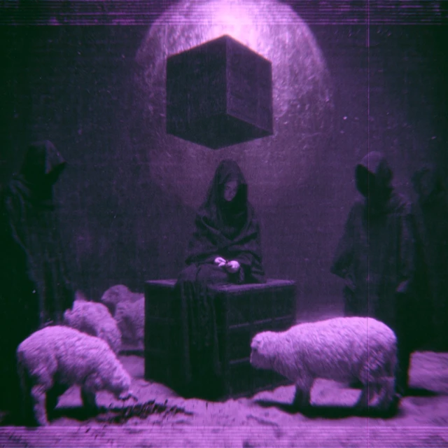 1990s Screen grab 90s, upclose surveillance footage, found footage pov recording, religious prtrait, multiple saints, symbolic, sheep lamb bleeding, a black cube floating, massive golden sphere circling, occult fashion, 0pium fashion, windy sands, female, burka, in cubical cube throne, dark futurism, models ritualistic ceremonies, cloning experiments, MK Ultra mind control, surreal dystopian atmosphere, cinematic lighting, eerie mystical symbols glowing, hidden archives, hooded figures, reality distortion, high detail, hyperrealism, dark cinematic tones, unsettling composition, , purple filter, purple silhouette hue, lost media, unnerving, serious tone aesthetic, intricately detailed, lost media, vhs, Action horror film