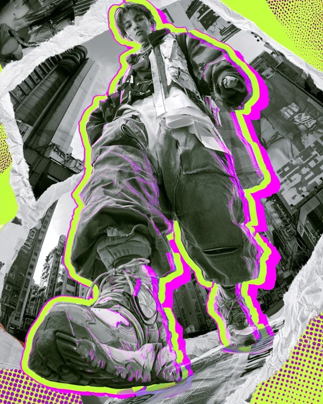 Mixed media collage animation style, a trendy youth in oversized streetwear walking confidently towards the camera. The character has a realistic photographic texture but is outlined with glowing 2D neon green and hot pink lines. The background is a brutalist cityscape made of torn magazine paper layers and halftone print textures. Grungy edges, dynamic fisheye lens perspective, acid graphics aesthetic, vibrant and juicy colors, ultra-detailed, stop-motion feel