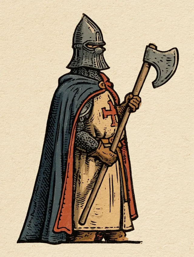 medieval woodcut of an Irish gallowglass heavy axeman, full body, mail shirt, tall iron spangenhelm, huge two-handed sparth axe, emerald green cloak, bold black outline, flat limited colour, weathered plain medieval face