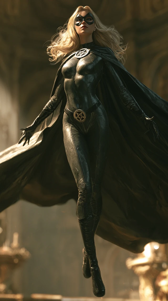 female superhero character, 20-30 years old, beautiful, fit, long blond hair, wearing skin-tight dark mystic-themed costume with cloak, pentagram amulet, mask, in the style of Clay Mann, clean crisp linework, heavy ink shading, cinematic proportions, superhero anatomy, dynamic levitating pose, dimly-lit arcane chamber background, dramatic comic book lighting
