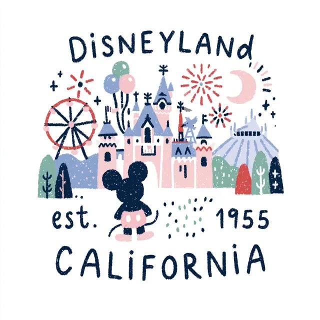 A vintage-style illustration of the Disneyland Resort set against a white background. In the foreground, Mickey Mouse stands with his back to the viewer, gazing at Sleeping Beauty Castle. A Ferris wheel is visible to Mickey's left, while the Space Mountain attraction stands to his right. Balloons float above the castle, accompanied by fireworks and a stylized moon. The word "Disneyland" appears at the top, while the word "California" is at the bottom, flanked by "est." on the left and "1955" on the right in a handwritten-style font. The color palette is understated, featuring shades of blue, pink, red, and green.