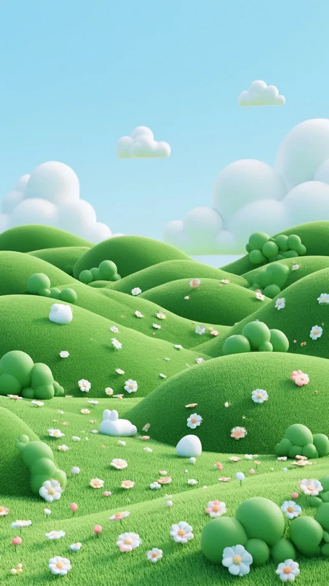 cute 3D cartoon meadow scene, green rolling hills, bright blue sky, small flowers, soft clay render style, cheerful and playful pet brand background, kawaii
