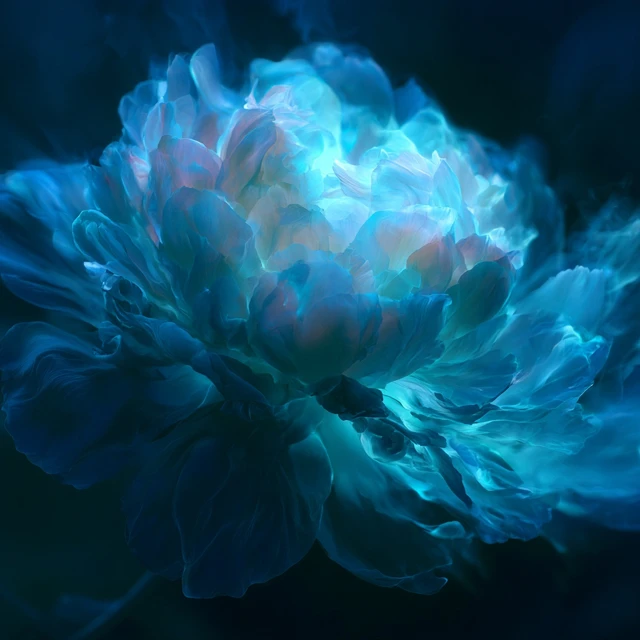 a surreal bioluminescent deep-sea flower, glowing blue and teal petals emitting light in darkness, centered, pure black background, ethereal underwater glow, alien beauty, highly detailed