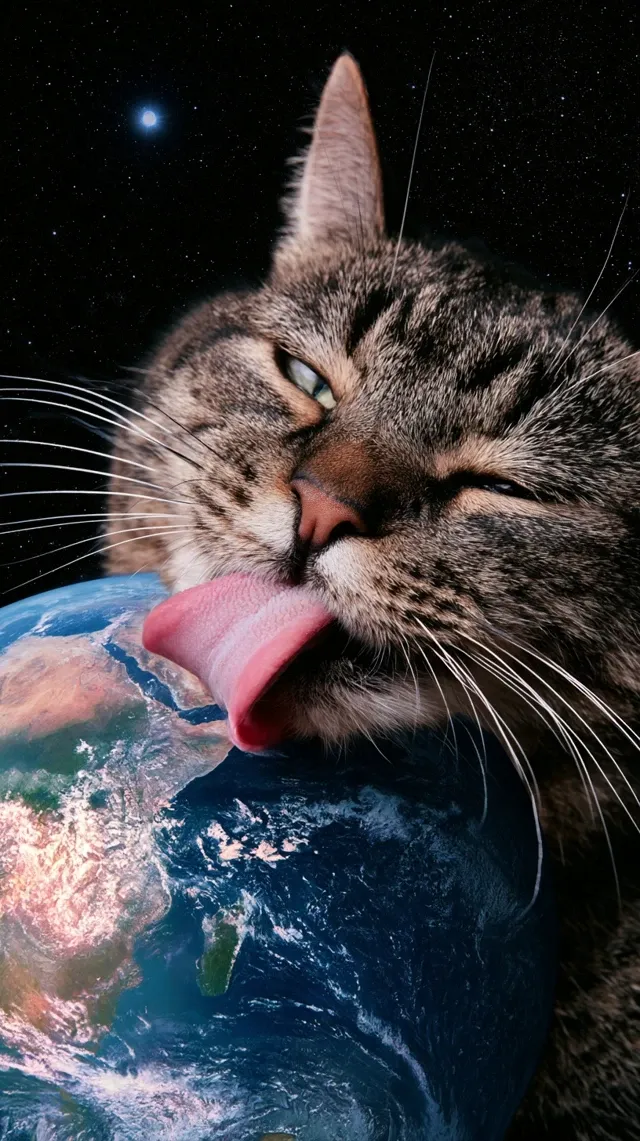 A giant domestic cat in outer space, its enormous face looming behind planet Earth, licking Earth with its pink tongue, tongue touching the upper surface of the globe, close-up composition, cat's head cropped by the top edge of the frame, Earth occupying the lower half of the image, three-quarter frontal view, sleepy half-closed eyes, realistic striped gray-brown fur, long white whiskers, pink nose, highly detailed Earth with realistic clouds and oceans, black star-filled space, tiny stars scattered in the background, one bright distant star, surreal scale, absurd cosmic humor, photorealistic, cinematic macro photography, realistic textures, shallow depth of field, extremely detailed, natural light, high realism