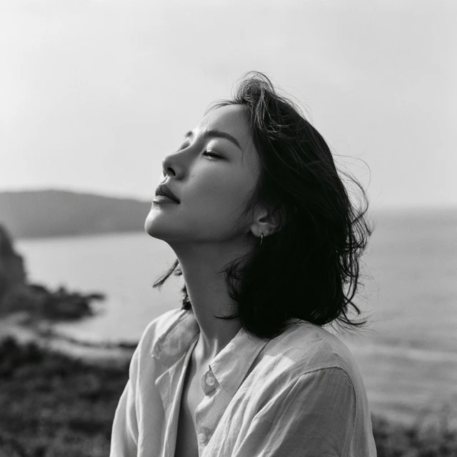 A cinematic medium shot of a graceful Korean woman in profile, quietly gazing at the distant sea. Black and white film style, soft contrast, gentle shadow and highlight balance, subtle film texture. Her expression is calm, deeply contemplative, and filled with quiet longing. Restrained emotion, poetic and elegant atmosphere, nostalgic classic movie frame, natural beauty, soft sea breeze, timeless melancholy.ar 16:9 v6