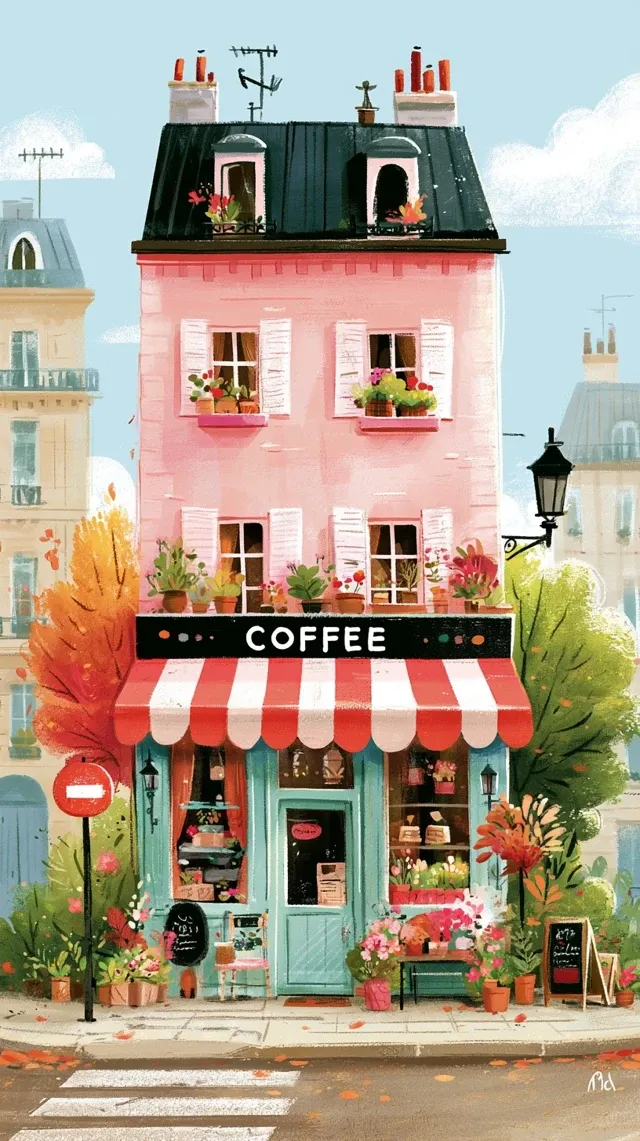storybook watercolor illustration of a adorable coffee shop, in autumn city exploration in a Paris city, bright morning atmosphere, storybook composition, soft clouds, and detailed background scenery, beautiful environment design, immersive background scenery, highly detailed atmosphere, aesthetic composition, rich storytelling, visually engaging illustration.