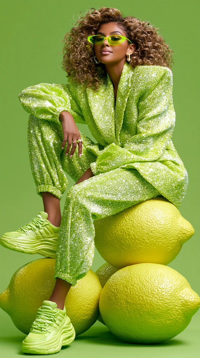 A stylish woman, dressed in a sparkling lime green outfit, sits perched atop three oversized lemons. Her pose is relaxed, legs elegantly crossed, and she wears trendy sneakers. The scene is vibrant and playful, with a whimsical, almost surreal, quality enhanced by the glistening texture of both the clothing and the fruit. The background is a solid, bright green.