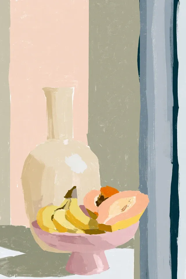 Abstract still life, oversized cream ceramic vase beside a pink pedestal bowl holding bananas and sliced papaya. Large color-blocked background with pale peach, sage green, and vertical blue stripes. Loose painterly brushwork, gouache texture, flattened perspective, minimalist forms, muted earthy palette, contemporary abstract illustration, soft organic shapes, modern home decor art, Matisse-inspired composition.