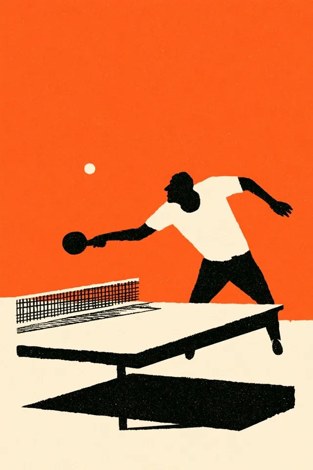 ping pong, in the style of Saul bass, simple, two colors, black and orange