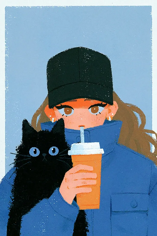 Poster. Illustration. a cat . A young and beautiful woman with faint freckles on her face, brown hair parted in the middle, wearing a black cap on her hair, her face is fashionable and expressive. The background is intricate and dramatic. She is drinking a beverage