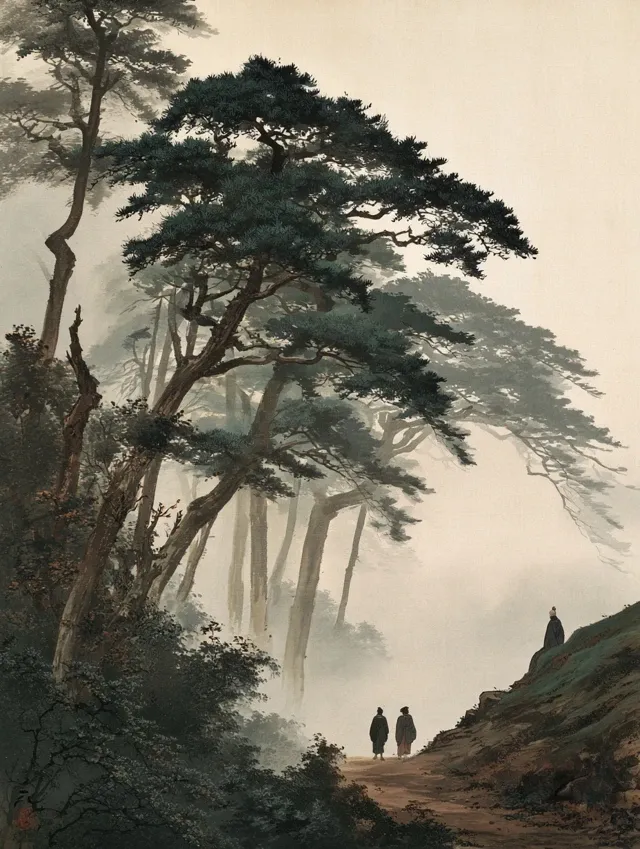a traditional japanese painting of two people walking along the path, surrounded by tall trees and foggy atmosphere. the pine tree in front is lush with green leaves, while other trees around it have crooked trunks. in one corner there's an old man wearing dark sitting on top of the hill looking at them from afar.