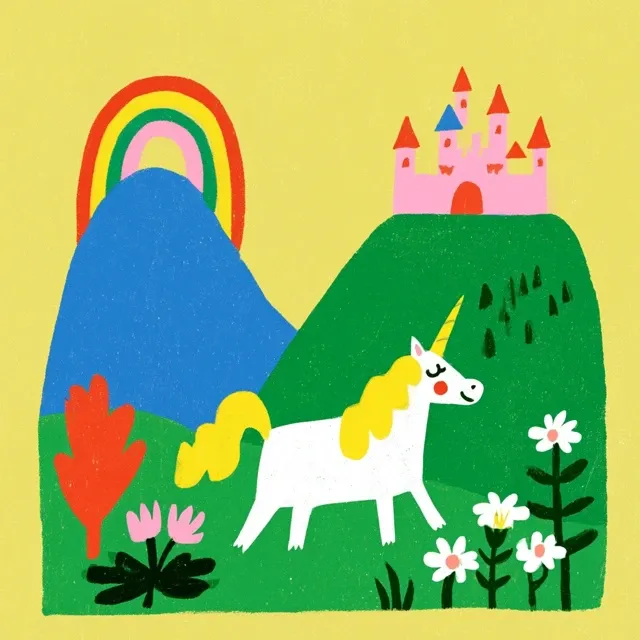 create a unicorn in a world of hills rainbows and princess castles