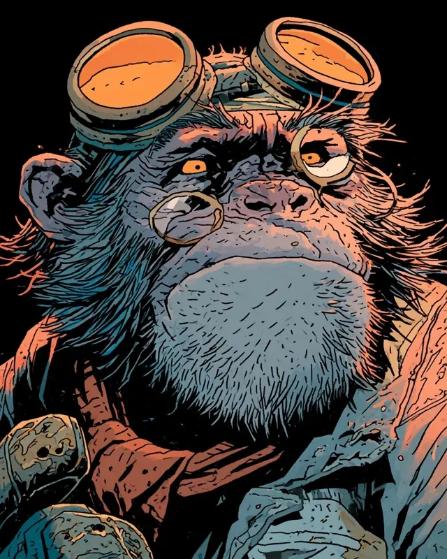 vanara mechanic, optimistic, middle-aged, oily and dirty, in the style of Mike Mignola, close-up