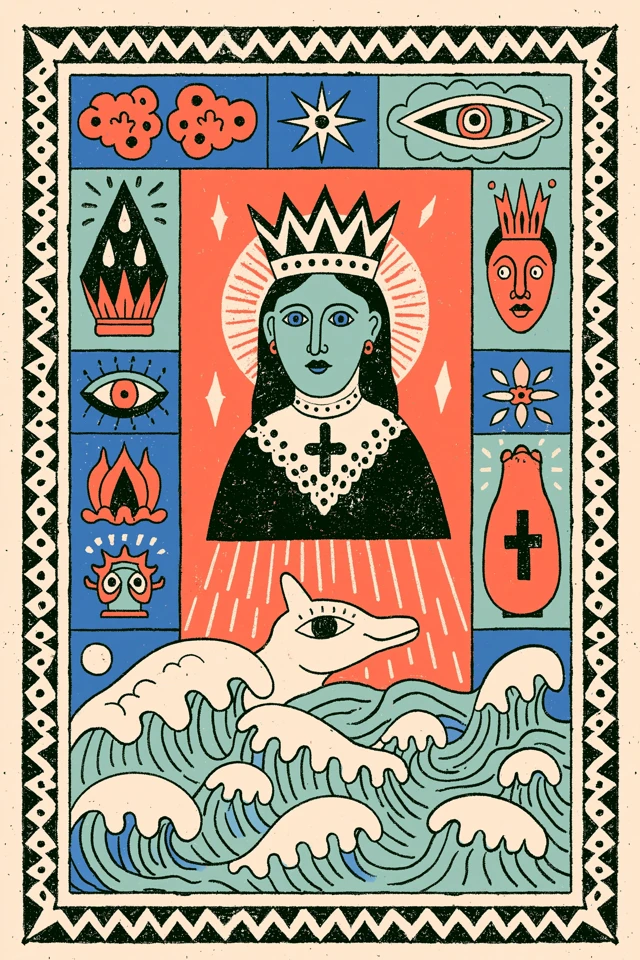 christian folk design, central emblem surrounded by decorative compartments, repeating geometric borders, sea represented as wave glyphs, highly graphic, flat vector artwork, limited palette, decorative symbols, red and muted blue tones, minimal shading, clipart, joan of arc, clean high resolution design elements, clean lines, hard edges