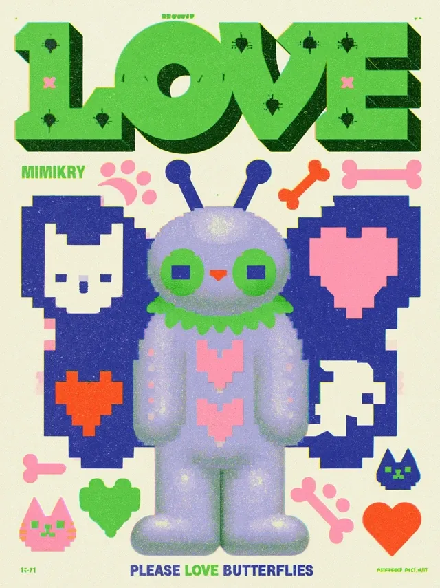 butterfly character, in the style of contemporary graphic design, with a big prominent green wacky wordmark of the word "LOVE" and the words "MIMIKRY" and "PLEASE LOVE BUTTERFLIES", various random-size symbolic images of cats, cat paws, fishbones, hearts, and playful cat-related items scattered around, white, red, and deep blue accents, simple pixel art illustration, risograph print aesthetic, warm and cream color palette, 16-bit style, soft grain texture, warm analog mood