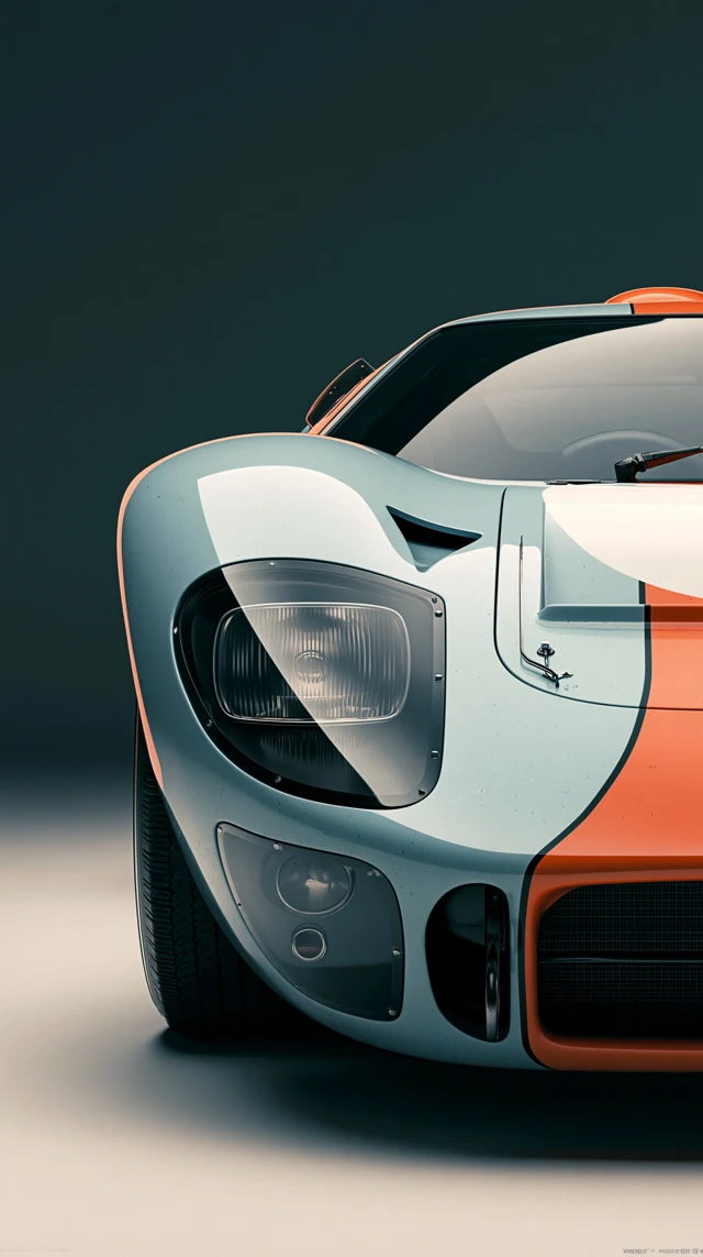 Ultra-realistic close-up of a vintage Gulf-liveried racing car front, focusing on its left headlight and aerodynamic curves, sleek pastel blue body with bright orange racing stripe and white roundel, isolated against a dark gradient studio background with soft neutral floor, evoking a cinematic, timeless motorsport aura. Smooth glossy metal, subtle reflections, polished glass headlamps with inner shadows, crisp edges, and fine detailing in vents and tow hook. Soft diffused studio lighting with deep contrast and gentle rim highlights, shot on a 50mm lens at f/2.0 with IMAX film look, highly realistic 3D Octane render with subtle imperfections and light film grain