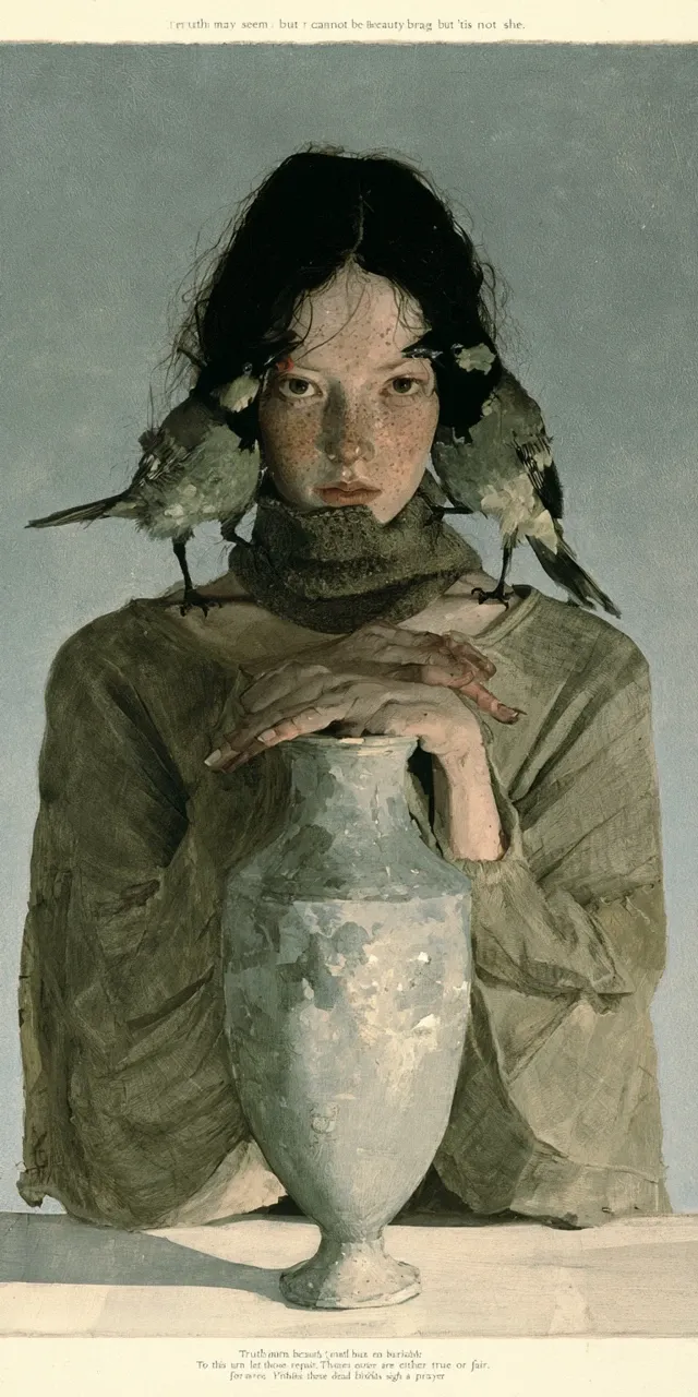 "Truth may seem but cannot be; Beauty brag but 'tis not she; Truth and beauty buried be. To this urn let those repair That are either true or fair; For these dead birds sigh a prayer",inspired artwork no text