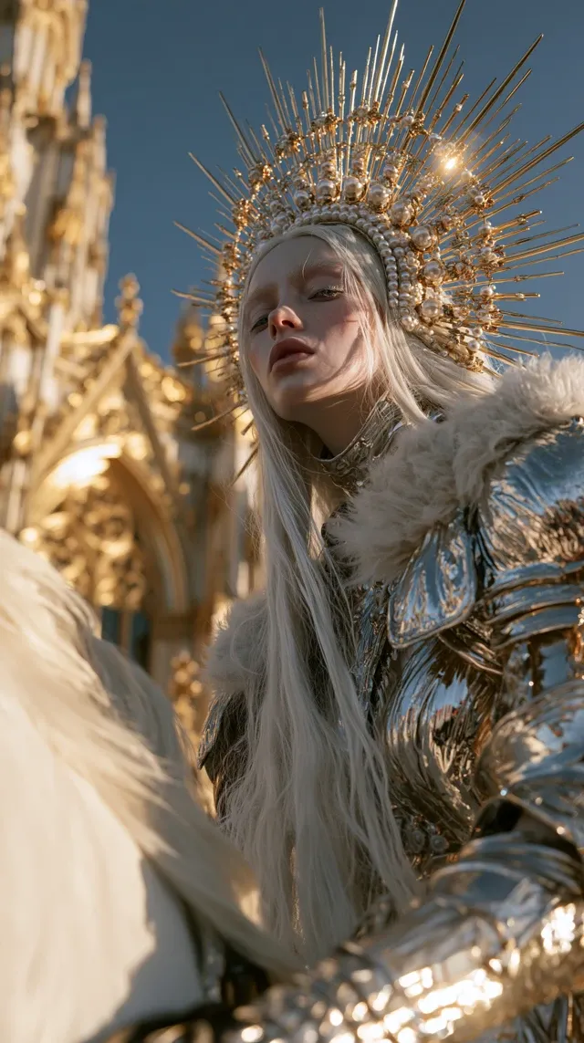 A pale ethereal woman with long flowing white hair riding a white horse, wearing liquid metal armor with chrome and gold reflective surfaces, intricate radiating crown headdress made of gold spikes and pearls, fur-trimmed silver pauldrons, low angle shot looking up, backlit by golden hour sunlight, ornate gothic cathedral-like gold architecture in background, deep blue sky, cinematic fashion photography, hyperrealistic liquid chrome texture, wet-look skin, editorial couture style, dramatic rim lighting, shot on Hasselblad, ultra detailed