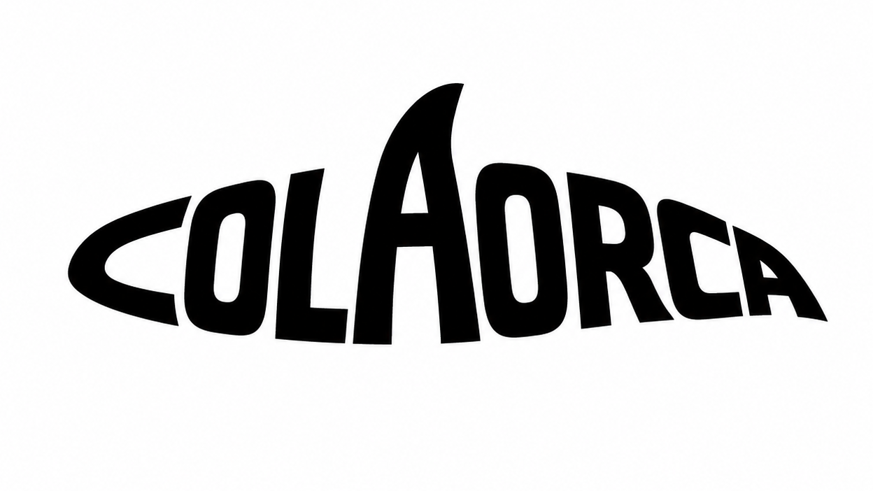 设计一个正方形构图的极简品牌 Logo，画面中只能出现英文单词“COLAORCA”，不能出现任何独立绘制的图形、鱼鳍、尾巴、眼睛、鲸鱼轮廓或装饰元素。

核心要求：仅通过“COLAORCA”这一个单词中每个字母自身的轻微形变、拉伸、压缩、弯曲、倾斜、错位、连接和整体排版关系，营造出一只虎鲸正在游动的抽象剪影感。虎鲸的头部、背部、腹部、背鳍、尾部等视觉联想，必须完全由字母笔画和字母之间的负空间自然形成；不允许在文字外额外添加任何鱼鳍、尾鳍或鲸鱼插画元素。

从近处看，必须能清晰读出完整单词“COLAORCA”；从远处看，单词整体呈现紧凑、流动、略带弧度的虎鲸游动姿态。文字可适度变形，但不能过度扭曲到无法识别。整体构图居中，适合放在正方形 Logo 画布内，避免横向过长的长方形排版。

风格：高级、现代、极简、专业的矢量品牌标志；粗体几何无衬线英文字体；黑白双色或纯黑色；平面化设计，边缘干净锐利，留白充足，强烈剪影感，白色背景，无渐变，无阴影，无立体效果，无纹理。