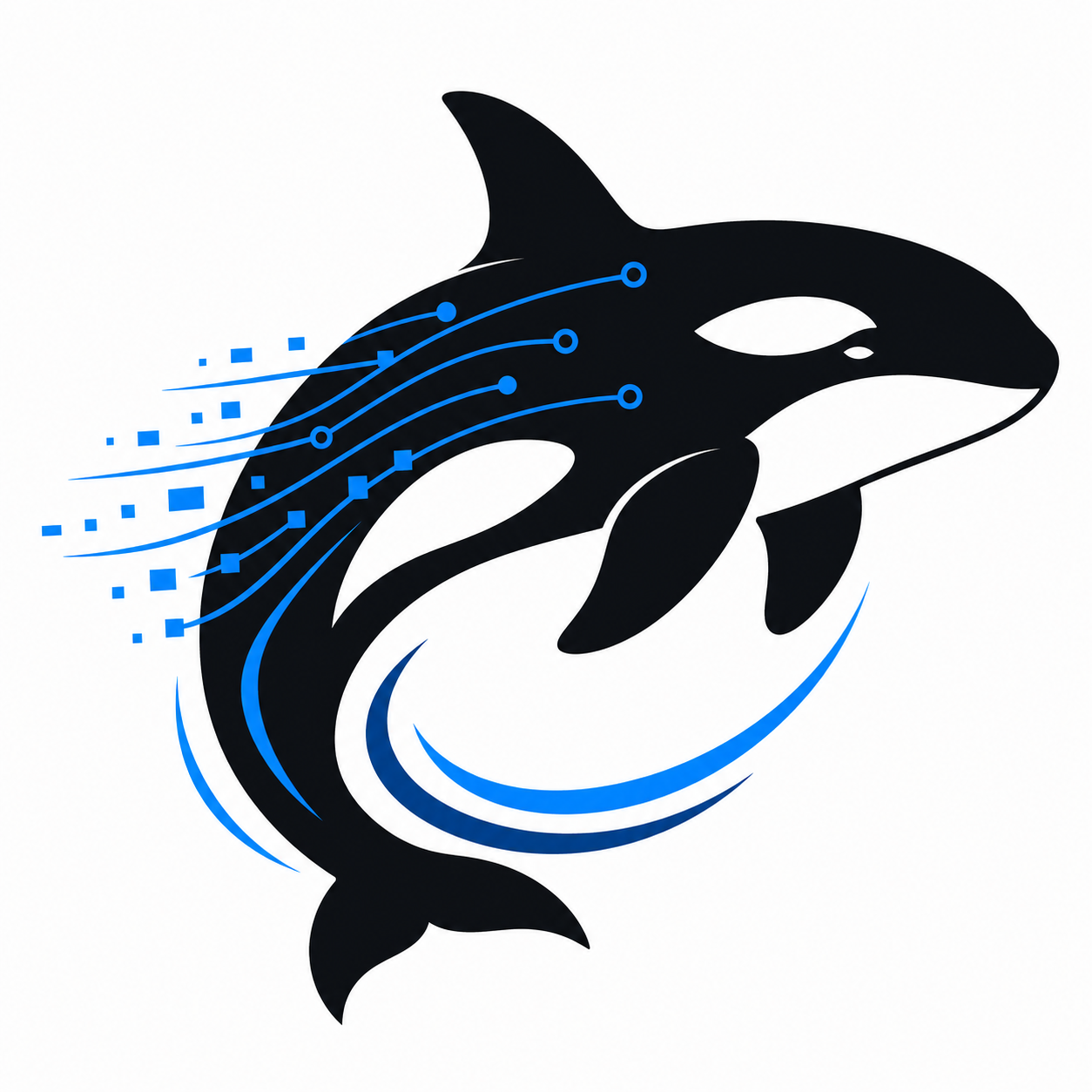 Create a sleek, minimalist vector logo for a PCAP network packet analysis product named “ColaOrca”. Feature an instantly recognizable orca whale silhouette, using a dynamic side-view or diving pose, with distinctive black-and-white body pattern, white eye patch, curved dorsal fin, and powerful tail. Integrate subtle network data flow, packet trails, signal waves, or abstract connection lines into the whale shape, symbolizing deep packet inspection, traffic analysis, cybersecurity, and intelligent insight. Use a premium black / charcoal black and electric blue color palette, with subtle deep blue accents and minimal white details. Flat geometric vector style, clean negative space, bold iconic shape, highly recognizable at small sizes, professional, modern, intelligent, powerful, suitable for software app icon and enterprise technology branding. Transparent or plain background, no 3D, no mockup, no gradients-heavy effects, no complex details, no watermark.