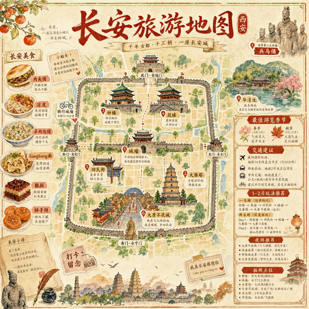 生成一张长安的手绘水彩风格的旅游地图，包含美食、攻略、重点景点的内容