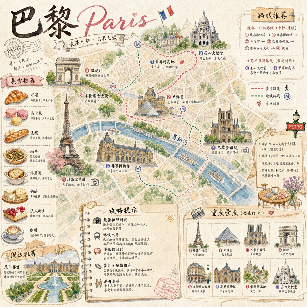 生成一张巴黎的手绘水彩风格的旅游地图，包含美食、攻略、重点景点的内容