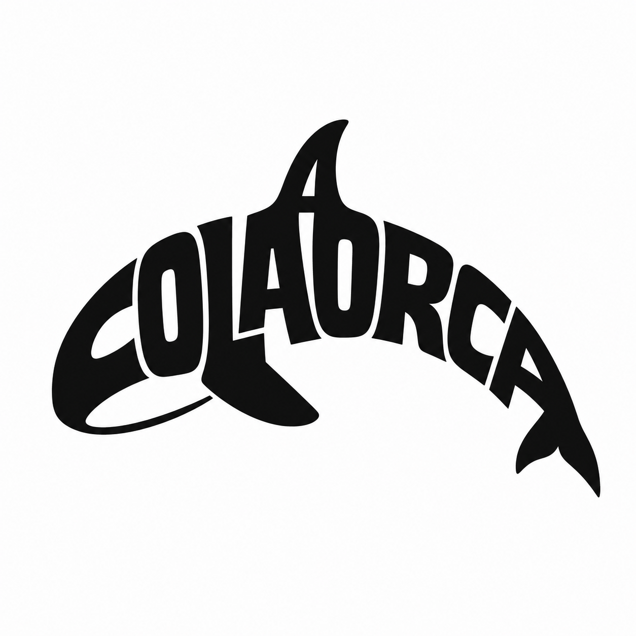 设计一个正方形构图的极简剪影 Logo，画面中仅包含英文单词“COLAORCA”。

采用“文字剪影”设计方式：将“COLAORCA”作为唯一可见主体，整体字母紧密组合、局部连接、轻微弯曲和形变，组成一只虎鲸游动时的完整侧面剪影。虎鲸的整体外轮廓必须完全由字母的外边缘构成：单词前段形成圆润的鲸头，中段形成厚实流线型身体，字母顶部的局部笔画自然构成背部起伏，末端字母延展、分叉或排列形成尾部的轮廓感。

不允许在文字之外添加任何独立的鱼鳍、尾鳍、眼睛、白斑、鲸鱼线稿或额外图形。所有虎鲸的形态只能来源于“COLAORCA”字母本身的笔画、轮廓和字母之间的镂空负空间。字母内部可保留少量白色负空间，以暗示虎鲸典型的眼斑和腹部区域，但这些留白必须被字母笔画自然限制，不能画成独立图案。

整体视觉要求：远看是一只轮廓完整、姿态优雅、能一眼识别的虎鲸黑色剪影；近看可以清楚辨认并读出“COLAORCA”这个英文单词。文字需要保持一定可读性，只能进行有控制的轻度变形。构图紧凑、略呈弧形或对角线游动姿态，完整置于正方形画布中心，避免横向长条排版。

现代高级品牌 Logo，极简矢量风格，纯黑色虎鲸文字剪影，白色背景，高对比度，平面设计，干净锐利的边缘，粗体几何无衬线字体，留白精确，适用于品牌标识和印刷。