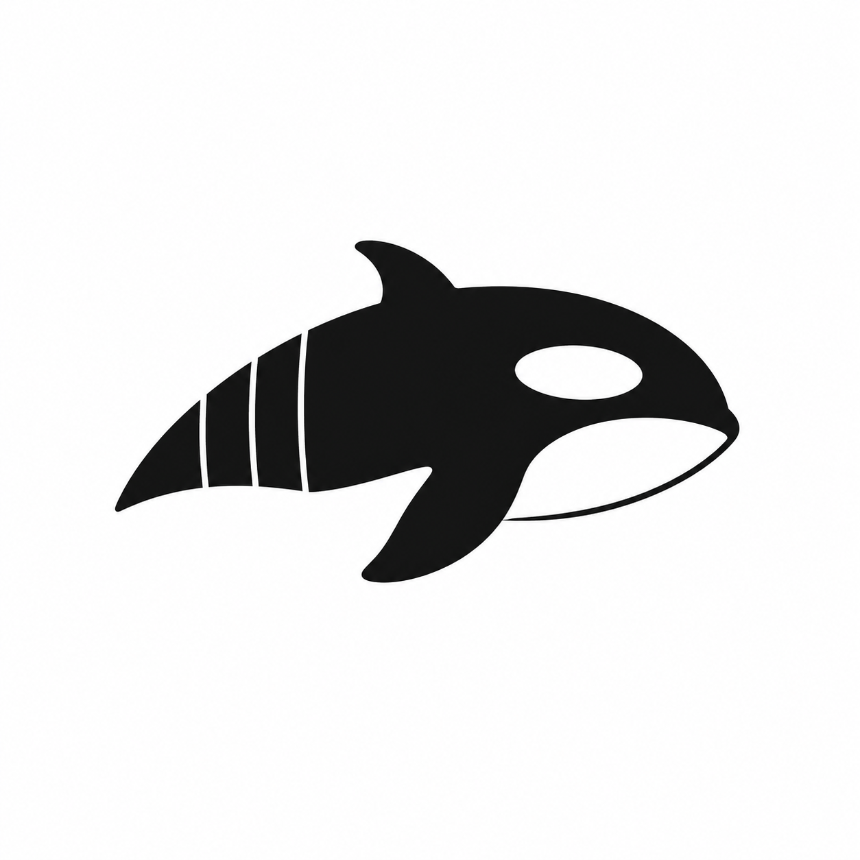 为“数据包分析”工具设计一个极简矢量 Logo：主体必须一眼可识别为侧身向右游动的虎鲸，而不是鲨鱼或普通鱼类。使用紧凑、流畅、圆润的黑色虎鲸头部与上半身剪影；头部前额圆润，顶部仅用一个很小、自然弯曲的背鳍作暗示。画面核心是虎鲸标志性的黑白花纹：前上方有一枚醒目、略微倾斜的白色椭圆形眼斑；下方以大面积、优雅上扬的白色负空间表现腹部白斑。鲸身后部加入三道极细、克制的垂直分隔缝，像连续排列的数据包分段，必须融入鲸身内部，不要画成向外延伸的数据流线。

黑白单色，高对比度，平面几何图形，精准曲线，留白聪明，现代专业的网络安全与开发者工具气质；在 16px 小尺寸、App 图标和 SVG 中仍清晰可辨。白色纯背景，图标居中，无文字、无渐变、无阴影、无水面元素。
