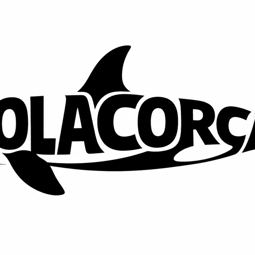 Minimalist logo design, the word "COLACORCA" arranged horizontally, letterforms morphing into the silhouette of a killer whale swimming sideways, letters connected seamlessly, black solid silhouette on white background, negative space, readable as both text and whale, bold sans-serif, high contrast, clean vector style, professional branding, monochrome, no extra decoration, whale features: rounded head, tall dorsal fin, fluked tail, streamlined body