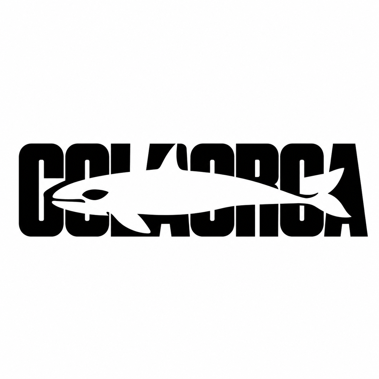 设计一个正方形画布内的极简文字剪影Logo，主体仅为英文单词“COLAORCA”。

字母采用极粗字体，内部通过负空间镂空出一只完整的虎鲸侧面剪影。虎鲸的全部轮廓必须由字母内部的镂空区域自然形成——词首镂空构成圆润鲸头，胖胖的圣体，末端延展分叉为尾部。

禁止在字母外部添加任何独立图形。虎鲸形态完全来源于字母内部的负空间雕刻。

核心要求：远看是完整可识别的虎鲸白色剪影，近看能清晰读出粗体的“COLAORCA”。黑色字母作为外壳，白色镂空作为虎鲸形象。

纯黑字母、白底、粗体几何无衬线风格，锐利边缘，高对比度，正方形构图，适用于品牌标识。