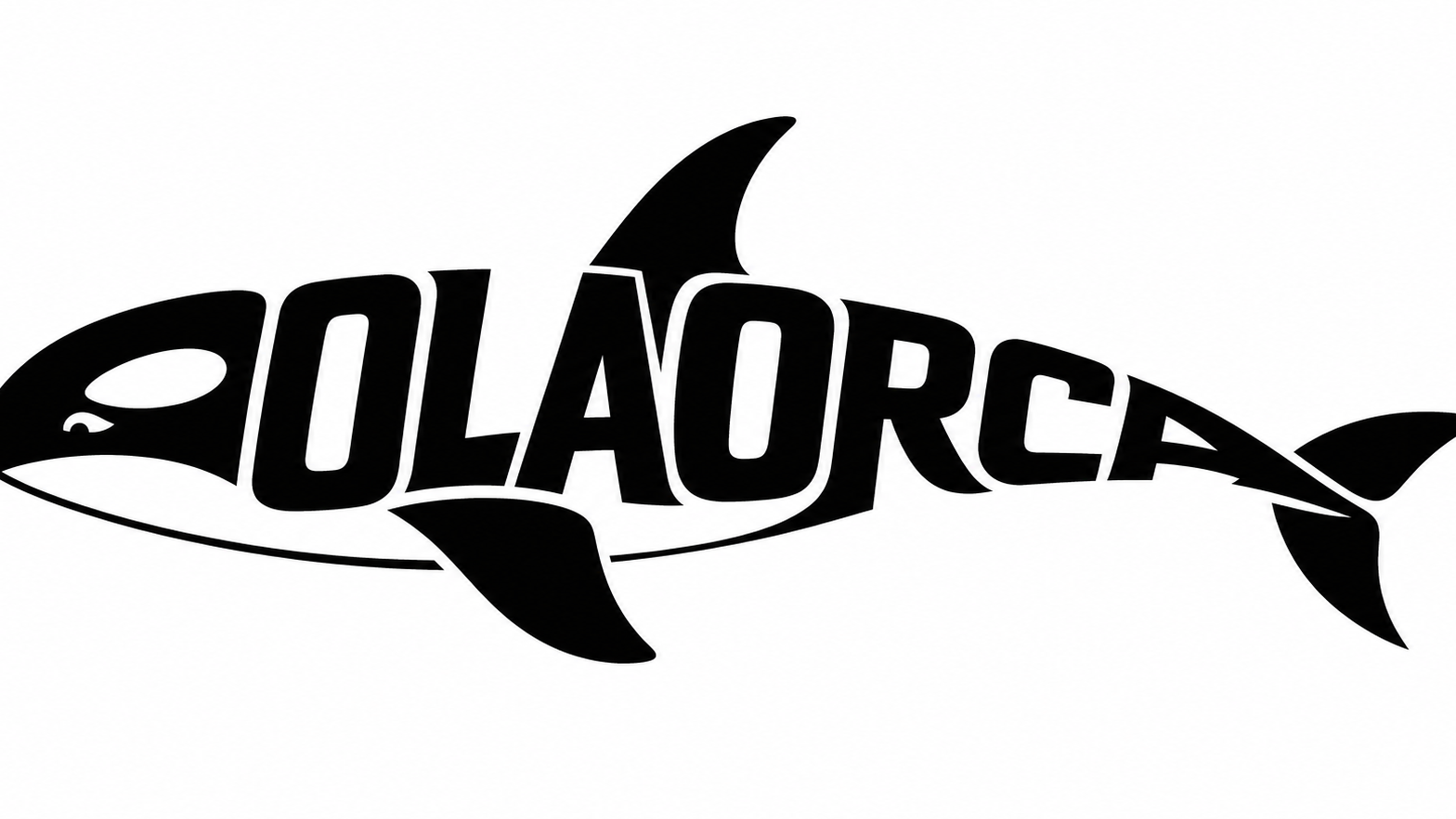以英文单词 “COLAORCA” 为主体设计一款极简、高辨识度的品牌 Logo。整体视觉是一个优雅流线型的虎鲸（Orca）侧面剪影：虎鲸的轮廓、背鳍、胸鳍、尾鳍、白色眼斑与腹部白斑，都被巧妙地裁切并限制在字母内部，画面中除文字外不出现任何额外的鲸鱼图形或背景图案。

通过对字母进行轻微的拉伸、倾斜、上下错位、弧形排布和局部变形，使 “COLAORCA” 从远处看是完整的一只正在游动、微微上扬的虎鲸；从近处看能够清晰阅读完整单词。字母既是文字，也是虎鲸的身体：前部字母形成鲸头，中间字母形成躯干和背鳍，末端字母自然延展为尾鳍。保持文字的可读性和品牌感，不要让字母过度扭曲。

风格为现代、简洁、专业的矢量 Logo 设计，黑色虎鲸主体搭配干净锐利的白色斑纹，强烈的黑白对比，平面化、几何感、干净留白。白色或透明背景，无渐变、无立体效果、无复杂纹理、无其他文字。设计需要同时具备“一个清晰的单词”和“一只一眼可识别的虎鲸剪影”两种视觉效果。high-end branding, minimalist vector logo, clever typographic illustration, negative space, crisp edges, balanced composition, scalable logo design.