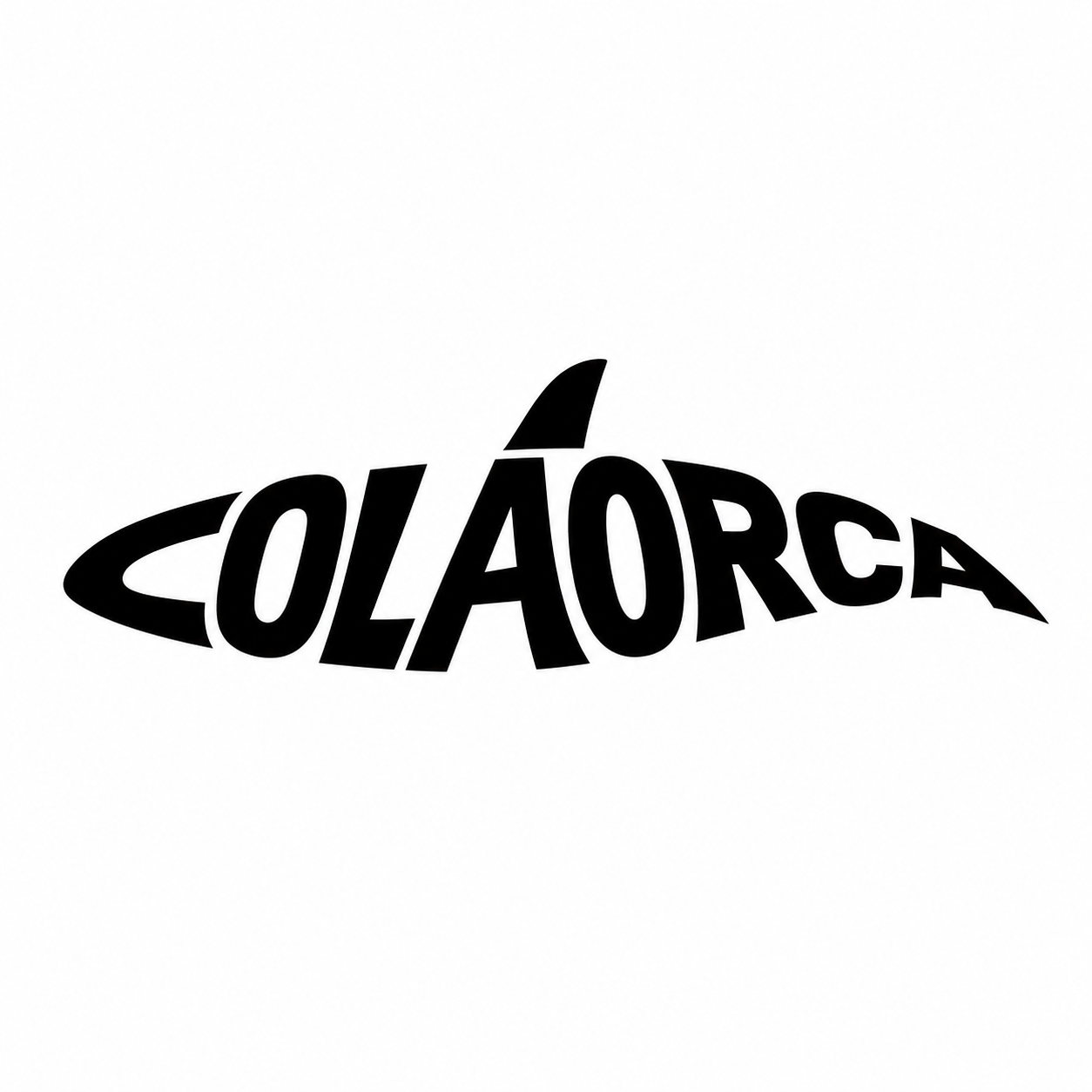 设计一个正方形构图的极简品牌 Logo，画面中只能出现英文单词 “COLAORCA”，不能出现任何独立绘制的图形、鱼鳍、尾巴、眼睛、鲸鱼轮廓或装饰元素。

核心要求：仅通过 “COLAORCA” 这一个单词中每个字母自身的轻微形变、拉伸、压缩、弯曲、倾斜、错位、连接和整体排版关系，营造出一只虎鲸正在游动的抽象剪影感。虎鲸的头部、背部、腹部、背鳍、尾部等视觉联想，必须完全由字母笔画和字母之间的负空间自然形成；不允许在文字外额外添加任何鱼鳍、尾鳍或鲸鱼插画元素。

从近处看，必须能清晰读出完整单词 “COLAORCA”；从远处看，单词整体呈现紧凑、流动、略带弧度的虎鲸游动姿态。文字可适度变形，但不能过度扭曲到无法识别。整体构图居中，适合放在正方形 Logo 画布内，避免横向过长的长方形排版。

风格：高级、现代、极简、专业的矢量品牌标志；粗体几何无衬线英文字体；黑白双色或纯黑色；平面化设计，边缘干净锐利，留白充足，强烈剪影感，白色背景，无渐变，无阴影，无立体效果，无纹理。