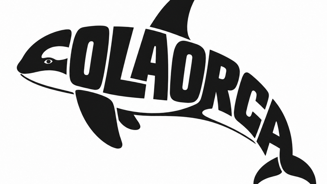 Minimalist vector logo for the word “COLAORCA”, square logo composition. Create a clever typographic orca whale design where the letters themselves form one complete, recognizable swimming orca silhouette. Arrange and subtly deform the letters in a compact curved or diagonal composition, so the whale fits naturally inside a square canvas rather than a horizontal rectangle.

The black body, white eye patch, white belly marking, dorsal fin, flippers and tail are visible only within the letterforms, as though the word has been cut out from an orca illustration. No independent whale drawing outside the typography. From a distance it must clearly read as a single elegant orca whale silhouette; from close up, the full word “COLAORCA” must remain readable.

Clean premium brand identity, bold geometric sans-serif letters, slight stretching, bending and overlapping allowed but maintain legibility. Flat black and white vector style, strong contrast, clean negative space, crisp edges, centered balanced design, white background, scalable logo.

--ar 1:1 --stylize 100 --no 3d, gradients, shadows, ocean, waves, bubbles, sky, extra text, misspelled text, cartoon style, watermark, mockup
