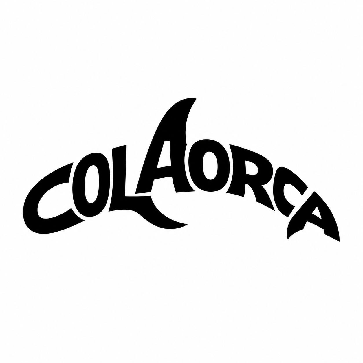 设计一个正方形构图的极简品牌 Logo，画面中只能出现英文单词 “COLAORCA”，不能出现任何独立绘制的图形、鱼鳍、尾巴、眼睛、鲸鱼轮廓或装饰元素。
核心要求：仅通过 “COLAORCA” 这一个单词中每个字母自身的轻微形变、拉伸、压缩、弯曲、倾斜、错位、连接和整体排版关系，营造出一只虎鲸正在游动的抽象剪影感。虎鲸的头部、背部、腹部、背鳍、尾部等视觉联想，必须完全由字母笔画和字母之间的负空间自然形成；不允许在文字外额外添加任何鱼鳍、尾鳍或鲸鱼插画元素。
从近处看，必须能清晰读出完整单词 “COLAORCA”；从远处看，单词整体呈现紧凑、流动、略带弧度的虎鲸游动姿态。文字可适度变形，但不能过度扭曲到无法识别。整体构图居中，适合放在正方形 Logo 画布内，避免横向过长的长方形排版。
风格：高级、现代、极简、专业的矢量品牌标志；粗体几何无衬线英文字体；黑白双色或纯黑色；平面化设计，边缘干净锐利，留白充足，强烈剪影感，白色背景，无渐变，无阴影，无立体效果，无纹理。