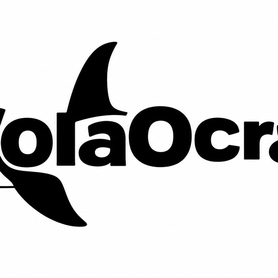 Minimalist logo design, the word "ColaOcra" arranged horizontally, letterforms morphing into the silhouette of a killer whale swimming left to right, "l" specifically extended upward to form the tall dorsal fin, last "a" flared out to form the split tail fluke, first "C" rounded as the whale head, all letters seamlessly connected into one solid black silhouette on white background, readable as both text and whale, bold sans-serif, clean vector style, professional monochrome brand logo
