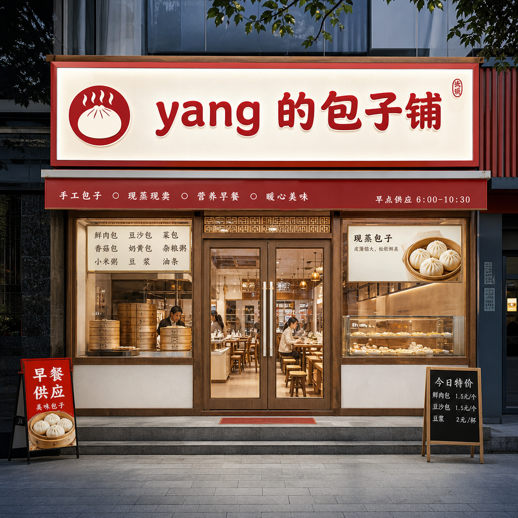 给我生成个 yang 的包子铺 的门头图片包含门头和门面