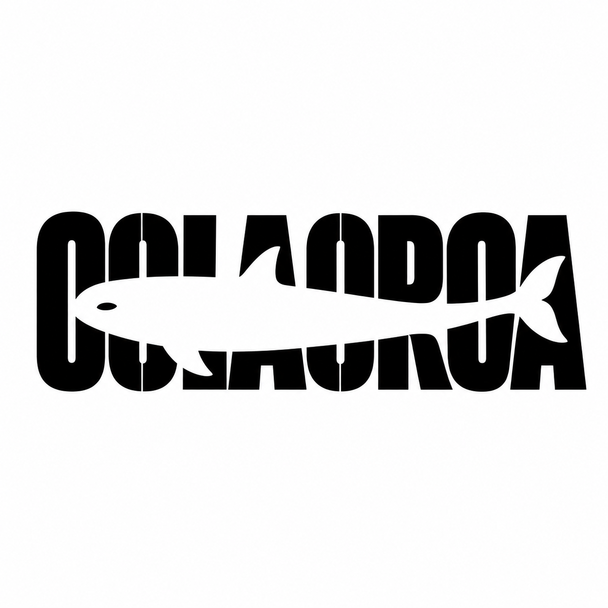 设计一个正方形画布内的极简文字剪影Logo，主体仅为英文单词“COLAORCA”。

字母采用极粗字体，内部通过负空间镂空出一只完整的虎鲸侧面剪影。虎鲸的全部轮廓必须由字母内部的镂空区域自然形成——词首镂空构成圆润鲸头，中部形成流线型身体，末端延展分叉为尾部。

禁止在字母外部添加任何独立图形。虎鲸形态完全来源于字母内部的负空间雕刻。

核心要求：远看是完整可识别的虎鲸白色剪影，近看能清晰读出粗体的“COLAORCA”。黑色字母作为外壳，白色镂空作为虎鲸形象。

纯黑字母、白底、粗体几何无衬线风格，锐利边缘，高对比度，正方形构图，适用于品牌标识。