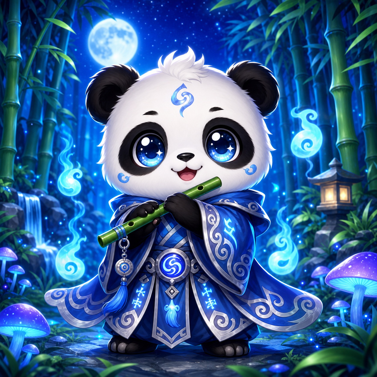 A very kawaii/chibi square video game avatar of a cute male baby panda. The panda has large eyes, a sweet smile, and is wearing a flowing blue mage robe with glowing silver runes. He is standing in a mystical fantasy bamboo forest at night, holding a tiny green bamboo flute. Magical blue energy wisps and glowing mushrooms surround him. Vibrant colors, soft digital illustration style, 2D gaming aesthetic.