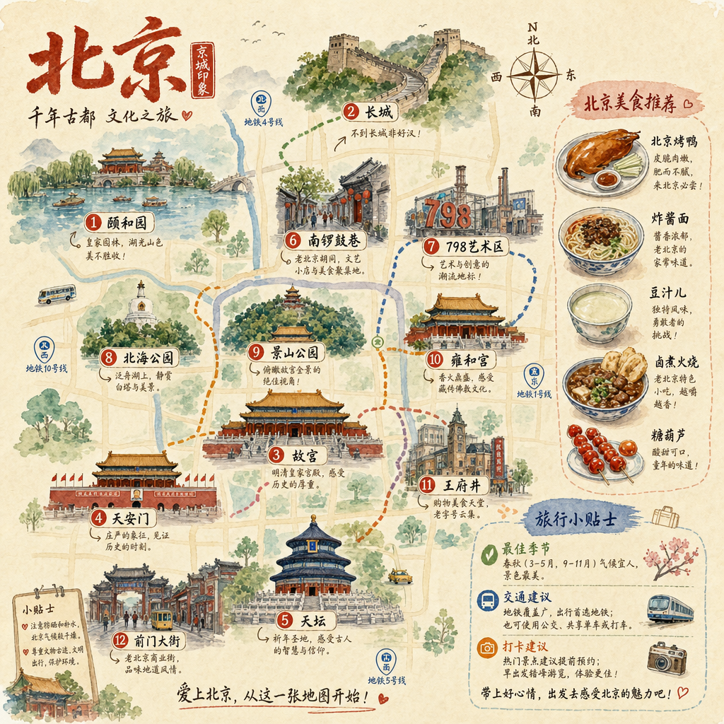 生成一张北京的手绘水彩风格的旅游地图，包含美食、攻略、重点景点的内容