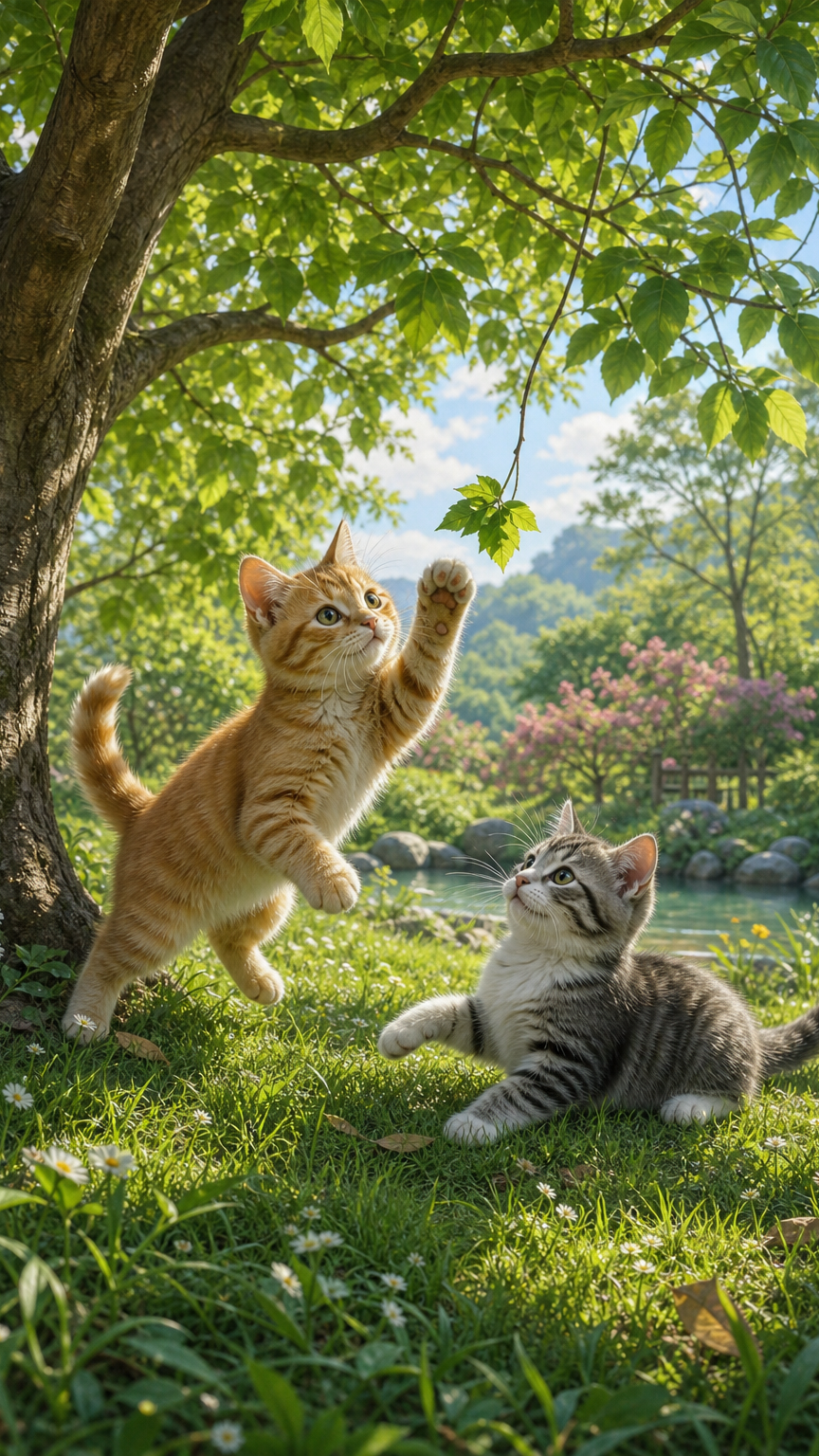两只猫在树下玩耍