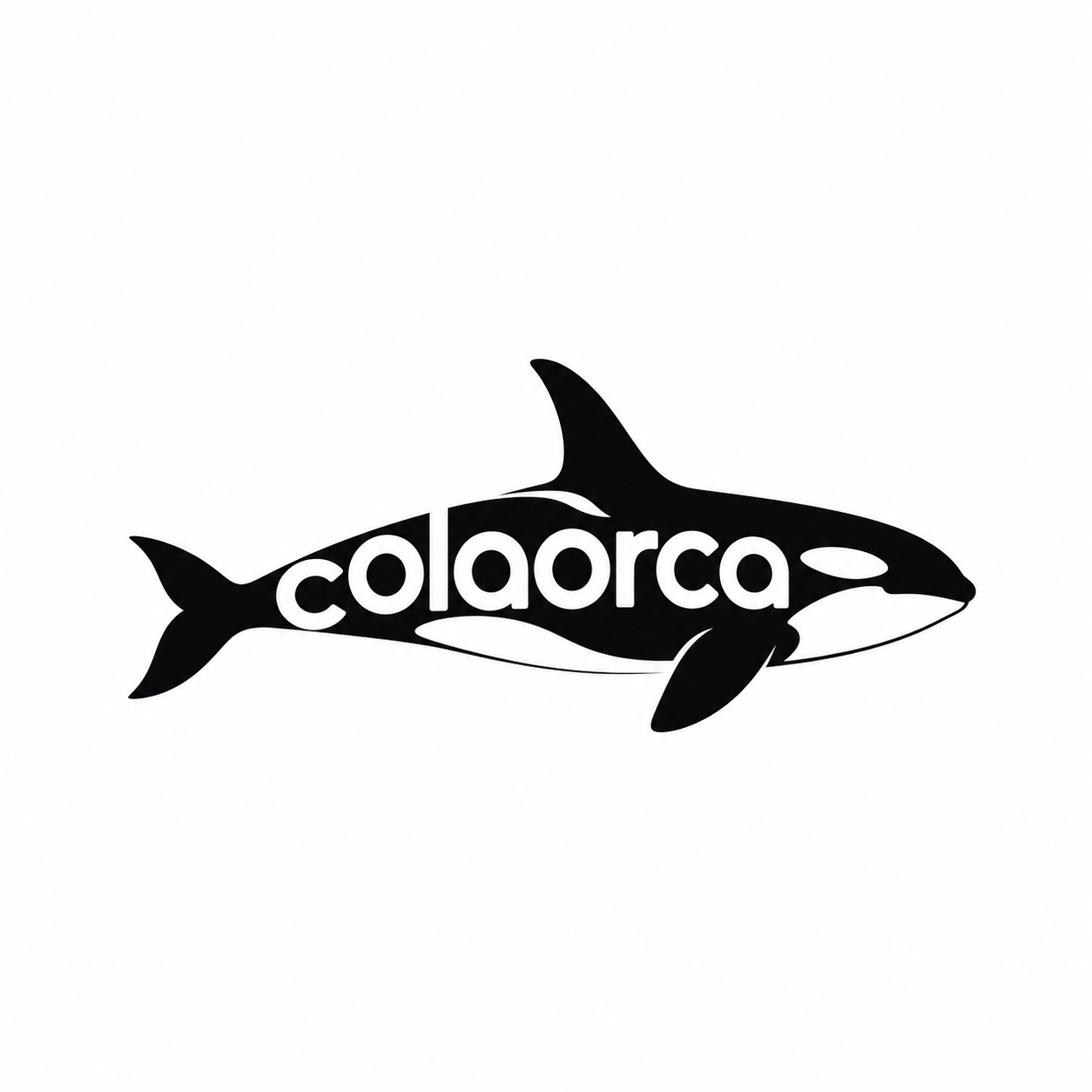 侧身右游虎鲸极简矢量Logo，黑白对比，“colaorca”剪影与虎鲸元素融合，对称构图，扁平风，高反差，中性色。